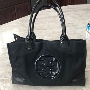 Tory Burch black mini Ella patent nylon tote